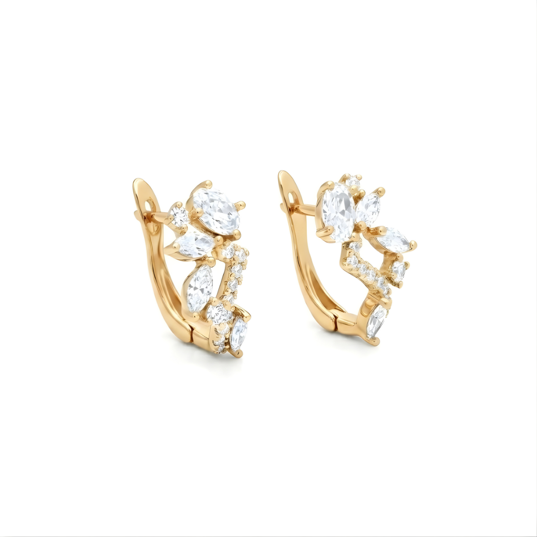 18K Gold Filled Multi-Cut CZ Cluster Huggie Earrings – Oval & Marquise Crystal Floral Huggie Hoop Earrings for Women
